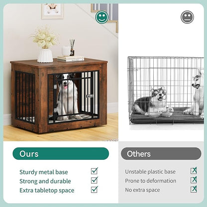 YITAHOME 32.5" L Dog Crate Furniture for Medium Dogs, 2-in-1 Iron-Wood Fusion Dog cage Indoor up to 40 lb, Side End Table, Modern Dogs Kennel with Waterproof Top, Safety Corners,Steel Lock,Rustic