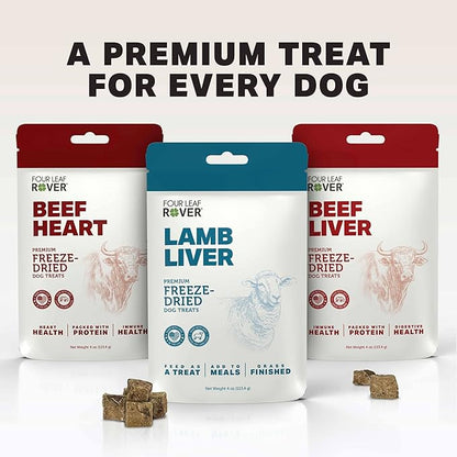 FOUR LEAF ROVER Lamb Dog Treats - Grass Finished New Zealand Lamb Liver - Raw Freeze Dried Single Ingredient, No Additives - Made in USA - 4 Oz Bag