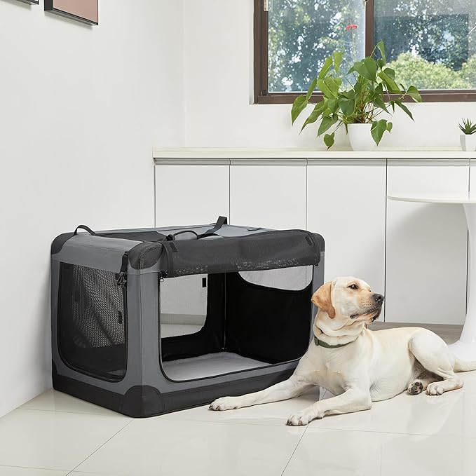 Amazon Basics 4-Door Portable Folding Soft Dog Crate, Collapsible Travel Kennel for Cat, Dog, and Small Animals, Pop Up with Fleece Mat, Water-Resistant Base, Grey, 36" x 24" x 24"