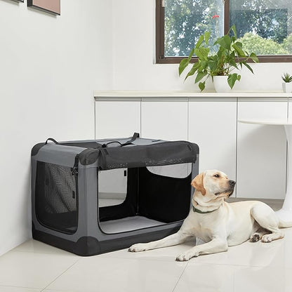 Amazon Basics 4-Door Portable Folding Soft Dog Crate, Collapsible Travel Kennel for Cat, Dog, and Small Animals, Pop Up with Fleece Mat, Water-Resistant Base, Grey, 36" x 24" x 24"