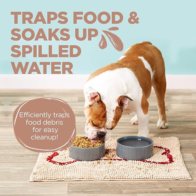 Soggy Doggy Slopmat Dog Food Mat – Absorbent Microfiber Chenille Pet Feeding Mat for Food & Water Bowls, Muddy Paws Small Doormat, Non-Slip, Machine Washable Rug – Beige/Red Bone, 18” x 24”
