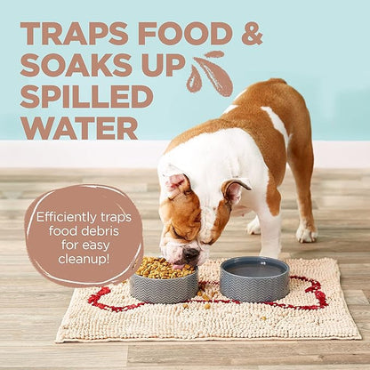 Soggy Doggy Slopmat Dog Food Mat – Absorbent Microfiber Chenille Pet Feeding Mat for Food & Water Bowls, Muddy Paws Small Doormat, Non-Slip, Machine Washable Rug – Beige/Red Bone, 18” x 24”