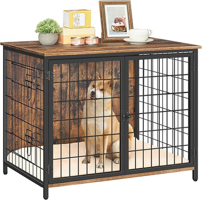 MAHANCRIS Dog Crate Furniture with Cushion, Wooden Dog Kennel with Double Doors, Heavy Duty Dog Cage for Small/Medium/Large Dogs, Indoor Dog House End Table, 31.5" L, Rustic Brown DCHR0701Z1