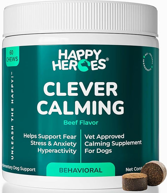 Clever Calming Chews for Dogs, 100% Natural Dog Supplement, For Anxiety Relief, Helps Stress, Fear, Hyperactivity, Reactivity, Beef Flavor Calming Dog Treats, Made in USA, 60 Soft Chews