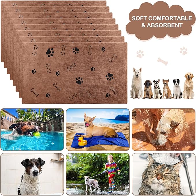 Chumia 8 Pcs Dog Towels for Drying Dogs Cats Pet Towels Bulk Puppy Microfiber Fast Drying Paw Bath Bathing Supplies Absorbent for Medium Pets(40 x 24 Inch,Dog Paw and Bone,Coffee)