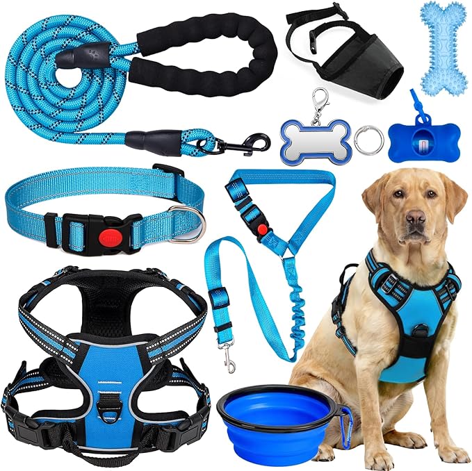 No Pull Dog Harness Adjustable Collar & Leash Set - Dog Halter Harnesses Collapsible Bowls & Poop Bag Dispenser Muzzle ID Tags Toys Fits Small Medium Large Dogs (Blue-L)