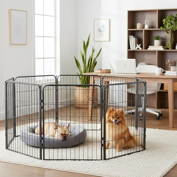 Dog Playpen w/Carrying Case for Indoor or Outdoor Use – 24 Inch, 8 Grey Panels - Portable Metal Exercise Pen for Small Dogs & Puppies - Pet Fence Kennel Crate for House, RV, or Travel