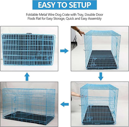 Dog Crate, 24/30/36/42/48 Inch Dog Crates for Small Medium Large Dogs Indoor, Folding Metal Dog Kennel Dog Cage with Double-Door, Divider Panel, Removable Tray, Locks and Handle, (48 Inch, Blue)