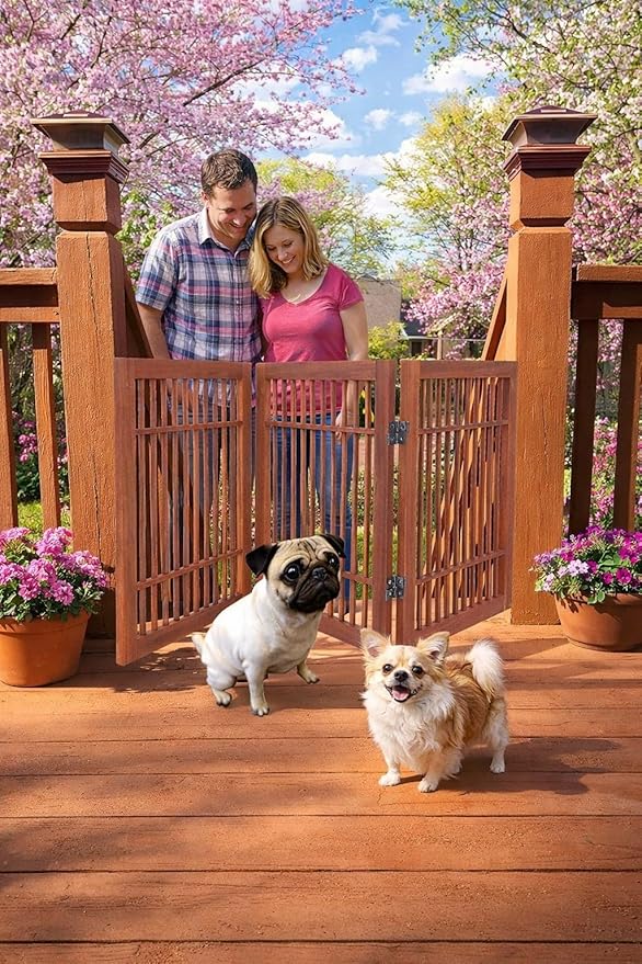 Urnporium Freestanding Wooden Dog Gate Foldable Indoor Pet Gate No Drill Expandable Barrier for Doorways Stairs Hallways Portable Wood Fence for Small Dogs & Puppies (Brown Pet Gate, 3 Panel 24" Tall)