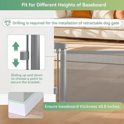 14" Tall Short Dog Gate to Step Over, Retractable Mesh Pet Door for Small Puppy, Extended up to 55" Wide for Indoor Stairs Doorways and Hallway - Grey