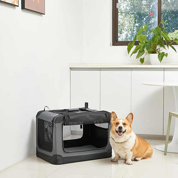 Amazon Basics Portable Folding Soft Dog Crate, 4-Doors, Collapsible Travel Kennel for Cat, Dog, and Small Animals, Quick Setup, Small 26" x 18" x 18", Grey