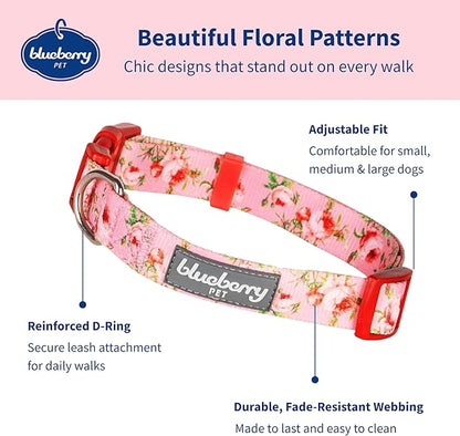 Blueberry Pet Dog Collar - Floral Rose Baby Pink Puppy Collar, Adjustable Dog Collars for Small Dogs, Small Dog Collar Neck 12"-16", Pink Dog Collar with Eco-Friendly Buckles