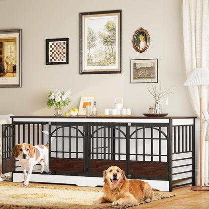 COZPAW 86 Inch Double Dog Crate Furniture, Extra Large Dog Kennel Indoor for 2 Dogs, Heavy Duty Dog Cage with Divider, Wooden Dog House Decorative Table TV Stand for XLarge Dogs (White&Brown)