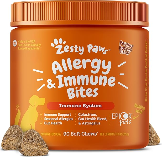 Zesty Paws Allergy Immune Bites - Dog Allergy Chews, Dog Probiotics for Itchy Skin and Ears, Peanut Butter, 90ct