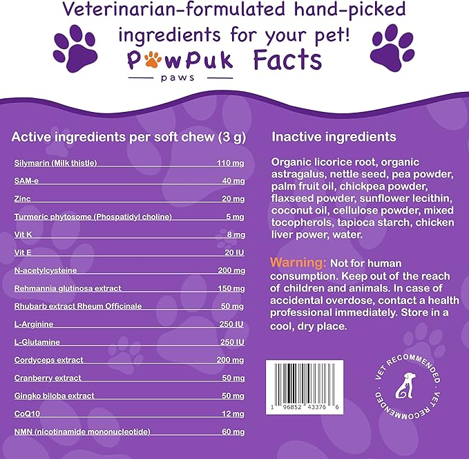 Liver & Kidney Vitamins Supplements for Dogs, SAM-E & Silymarin - Liver Function, NMN & CoQ10 - Anti-Aging, Rehmannia & Rhubarb - Natural Herbal Kidney Support, Cranberry - UT Health