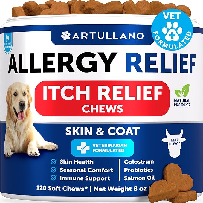 Dog Allergy Chews - Itchy Skin Relief for Dogs - 120 Chewable Soft Treats with Colostrum and Probiotics- Seasonal Allergies - Skin and Coat, Anti Itch, Hot Spots - Dog Allergy Relief Supplement