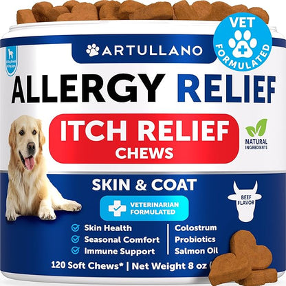 Dog Allergy Chews - Itchy Skin Relief for Dogs - 120 Chewable Soft Treats with Colostrum and Probiotics- Seasonal Allergies - Skin and Coat, Anti Itch, Hot Spots - Dog Allergy Relief Supplement
