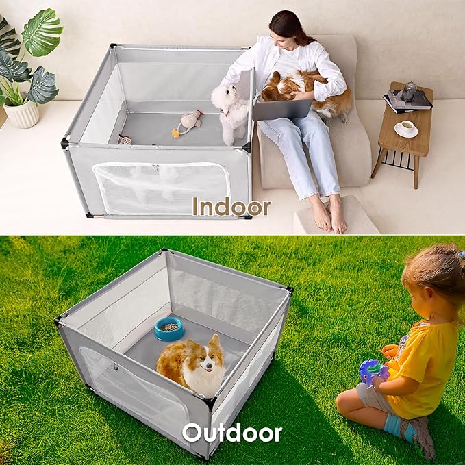 EHEYCIGA 42x42x26 Inches Puppy Playpen Without Top Cover for Dogs & Cats Indoor or Outdoor - Dog Playpen with Door, Dog Fence for Small Animal with Heavy-Duty Oxford & Steel Frame, Sliver Grey