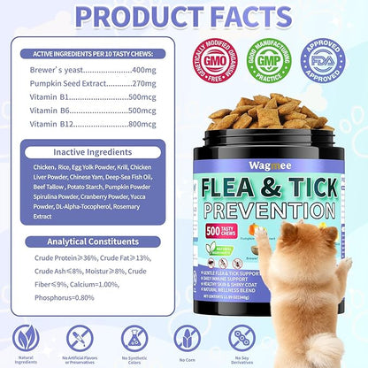 Flea and Tick Prevention for Dogs Chewables – 500 Crunchy & Creamy Tasty Chews, Natural Dog Flea and Tick Treatment Chewable, Oral Flea Chews Supplement for Dogs Puppies, All Breeds & Ages, Chicken