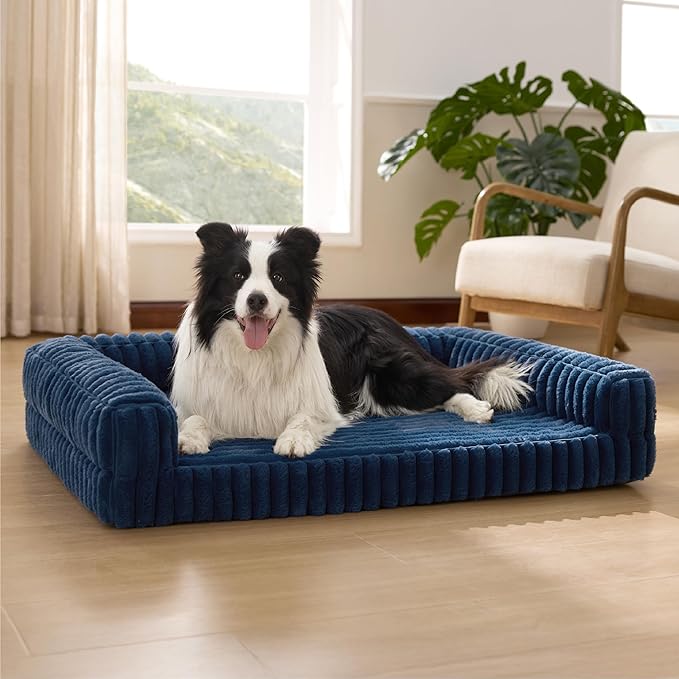 Bedsure ComfyFleece™ Orthopedic Dog Beds Large Sized Dog, Waterproof Memory Foam Pet Bed with Sides, Non-Slip Bottom and Egg-Crate Foam Large Pet Couch Sofa with Washable Corduroy Cover, Blue