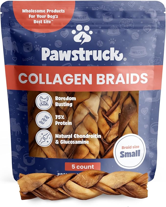 Pawstruck Natural 5-7” Beef Collagen Braids for Dogs - Healthy Long Lasting Alternative to Traditional Rawhide & Bully Sticks Chew Treats w/Chondroitin & Glucosamine - 5 Count - Packaging May Vary