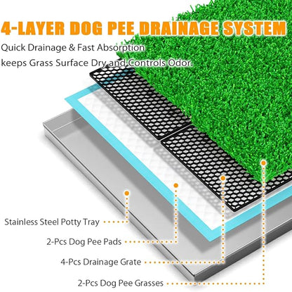Dog Grass Pad with Tray - 34"x23.6" Large Dog Potty Indoor Outdoor - Odor-Free 4-Layer Drainage System with Stainless Steel Tray - Artificial Grass Turf for Large to Small Dogs, Balcony & Porch