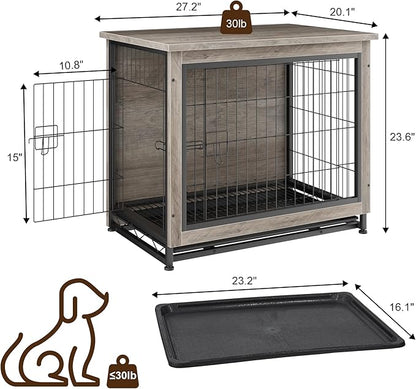 JY QAQA Dog Crate Furniture, Wooden Dog Crate Table, Double-Doors Dog Furniture, Indoor Kennel, Dog Cage/Grey/S