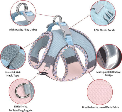 AIITLE Small Dog Harness - Breathable Double-Layer Jacquard No-Choke Vest, Durable Anti-Tear Fabric with Reflective Trim - Perfect for Running, Parties, Daily Walks (Blue-Pink, XS)