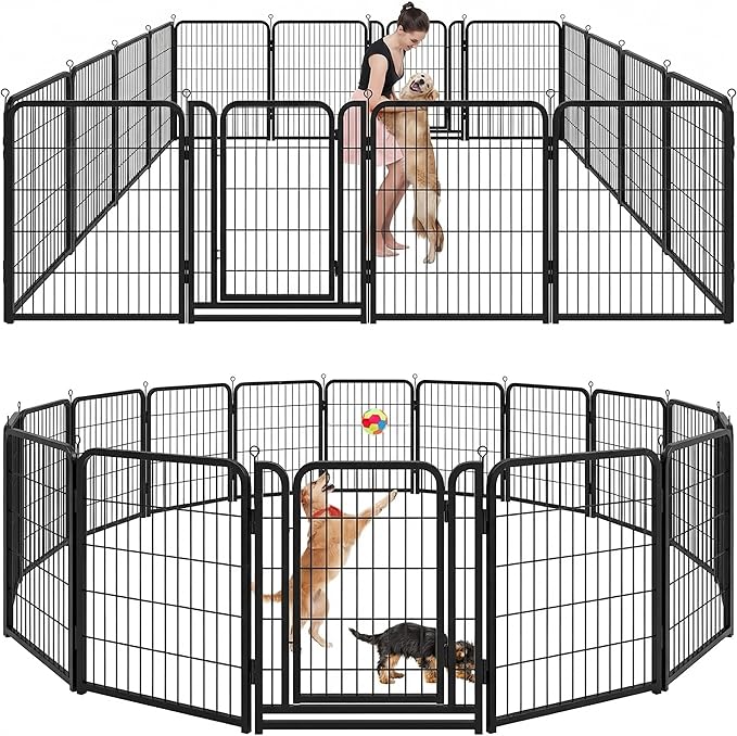 Kfvigoho Dog Playpen Outdoor Extra Wide 16 Piece Panels Heavy Duty Dog Fence 40" Height Anti-Rust with Doors Portable for RV Camping Yard, Total 42FT, 140 Sq.ft, Snowy Black