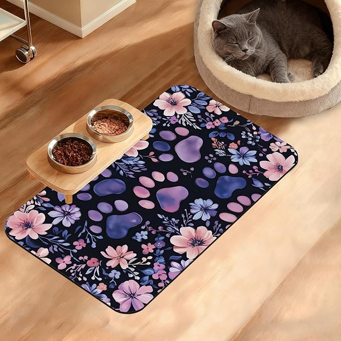 Paw Print Dog Food Mat,Watercolor Flower Absorbent Pet Feeding Mat for Food and Water Bowl,Quick Dry Dog Placemat Non Slip Rubber Backing Waterproof Pet Supplies 12" x 20"