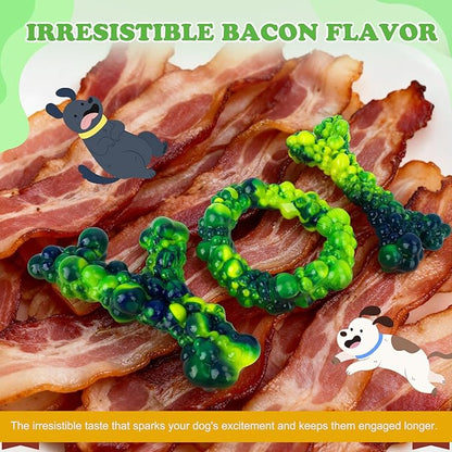 3Pack Dog Chew Toys for Aggressive Chewers, Indestructible Interactive Dog Chew Nylon Bone Toys for for Medium Large Breed 15-60lbs, Teething Toy to Keep Them Busy, Bacon Flavor (Green)