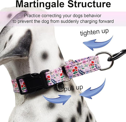 Reflective Martingale Collar with Quick Release Buckle Anti Pulling Girl Female Dog Collars (Pink Flowers Plants, Small)