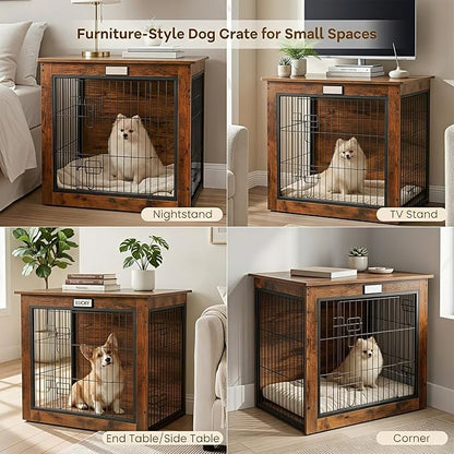 Dog Crate Furniture with Reversible Side Door, 28'' Heavy Duty Wooden Dog Kennel Indoor for Small Medium Dogs, Furniture Style Dog Cage with Double Locks, Steel Mesh, Rustic End Table Dog Crate