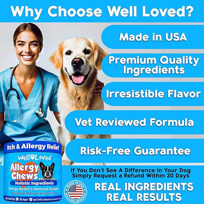Well Loved Dog Allergy Chews - Dog Allergy Relief, Itching Skin Relief, Hot Spot Treatment & Seasonal Allergies, Vet Developed, Anti Itch Skin Irritation Treatment, Made in USA, 120 Chews