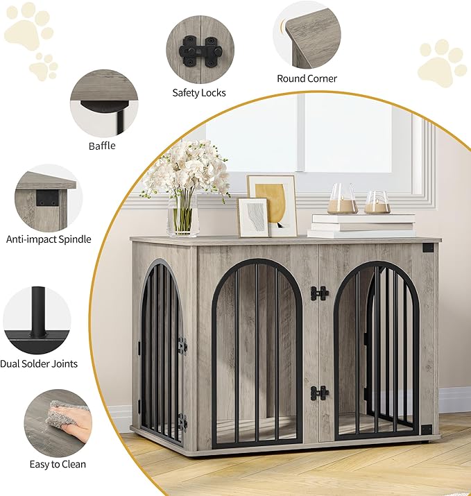 Hzuaneri 31.5'' Wooden Dog Crate Furniture, Indoor Dog Kennel Dogs Cage for Small/Medium Dogs, Heavy Duty Dog Crates Decorative Pet House End Side Table TV Stand, Greige Black DFC85105B