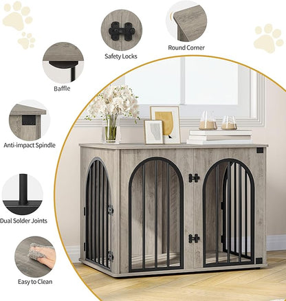 Hzuaneri 31.5'' Wooden Dog Crate Furniture, Indoor Dog Kennel Dogs Cage for Small/Medium Dogs, Heavy Duty Dog Crates Decorative Pet House End Side Table TV Stand, Greige Black DFC85105B