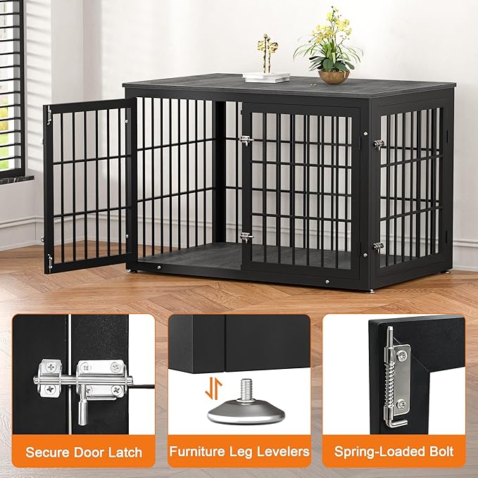 rehomerance 48 Inch Heavy Duty Dog Crate Furniture for Large Dogs, Decorative Pet House End Table, Extra Large Wooden Cage Kennel Furniture Indoor, Black and Gray