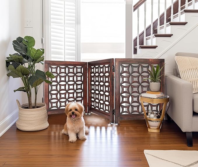 Wooden Foldable Pet Dog Safety Gate -3 Panels 20"Wx24"H- Hand Carved Solid Wood And MDF - Free Standing Portable Indoor Doorway Hall Stairs Dog Puppy Fence - Fully Assembled - Antique Brown -IRONGATE