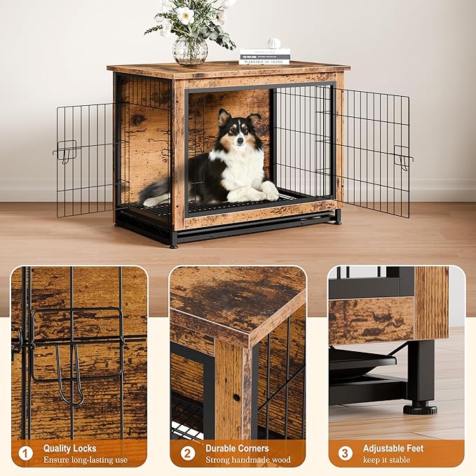 Vongrasig Dog Crate Furniture, Side End Table, Modern Wooden Kennel for Dogs Indoor, Heavy-Duty Dog Cage with Multi-Purpose Removable Tray, Double-Door Dog House, Rustic Brown