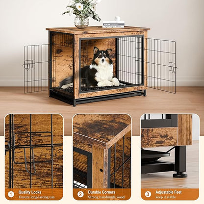 Vongrasig Dog Crate Furniture, Side End Table, Modern Wooden Kennel for Dogs Indoor, Heavy-Duty Dog Cage with Multi-Purpose Removable Tray, Double-Door Dog House, Rustic Brown