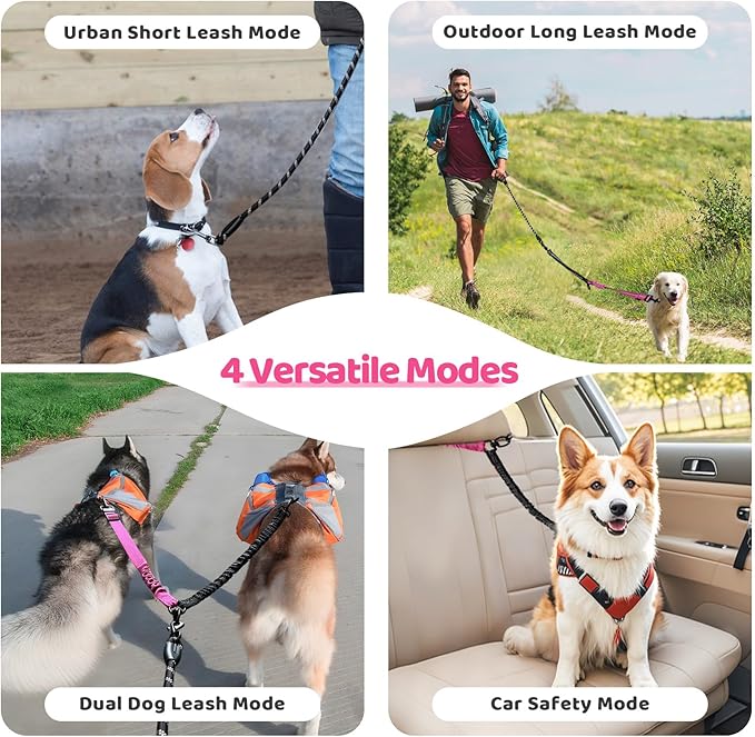 Double Dog Leash - 360°Swivel Tangle Free Splitter Attachment, 2 Dogs Multi-Functional Leashes, Dual Rope for Outdoor Walk Train Small Medium Large Two Pet, Fuchsia