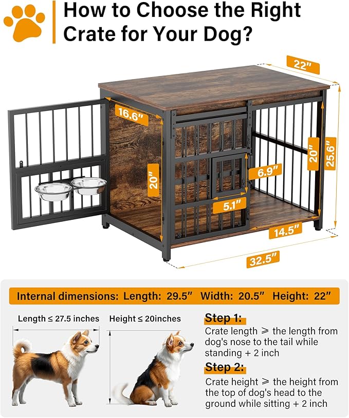 Dog Crate Furniture for Medium Dogs: Heavy Duty Chewproof Wooden Kennel Furniture - Dog Cage Table for High Anxiety - 360° Adjustable Bowls Multi-Lock Sliding Door for Indoor