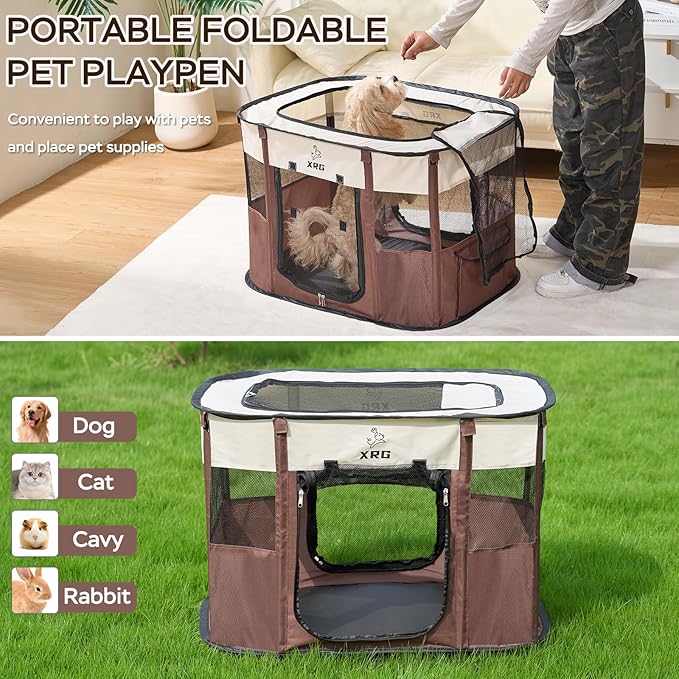Portable Foldable Pet Playpen Collapsible Crates Kennel Playpen for Dog cat and Rabbit &Travel playpen Outdoor or Indoor (Large（35.4" L x 27.6" W x 23.6" H）, Brown)