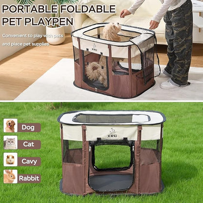 Portable Foldable Pet Playpen Collapsible Crates Kennel Playpen for Dog cat and Rabbit &Travel playpen Outdoor or Indoor (Large（35.4" L x 27.6" W x 23.6" H）, Brown)