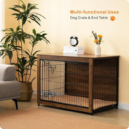 DWANTON Dog Crate Furniture with Cushion, Wooden Kennel Table with Double Doors, Indoor Dog House, Large Size, 38.5" L, Warm Brown