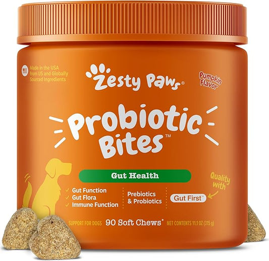Zesty Paws Probiotics for Dogs - Digestive Enzymes for Gut Flora, Digestive Health, Diarrhea & Bowel Support - Clinically Studied DE111 - Dog Supplement Soft Chew for Pet Immune System - Pumpkin, 90ct