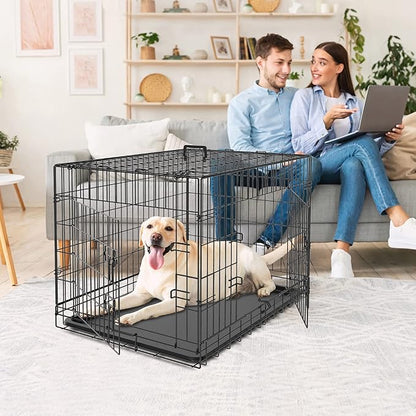 Dog Crates for Large Medium Dogs Foldable Metal Wire Pet Dog Kennel 30/36/42 Inches Indoor Outdoor Travel Dog Gage with Double Door, Leak Proof Pan