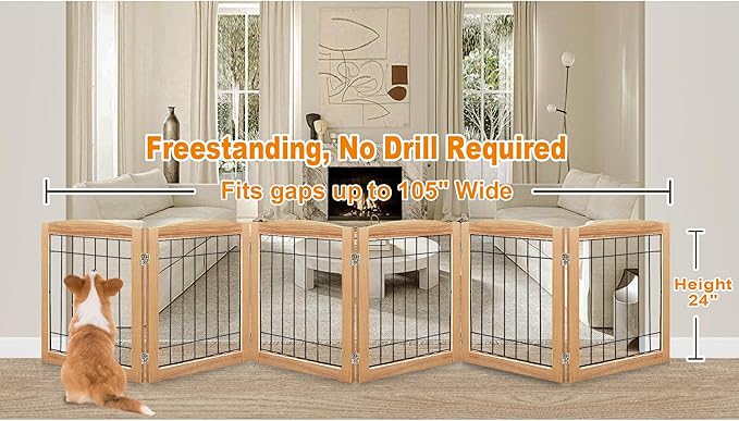 LZRS 6-Panel Extra Wide Wooden Freestanding Dog Gate: Foldable Solid Wood and Steel Wire Chew Resistant Safety Barrier for Doorways, Stairs, and Open Long Spaces Indoor Use, Natural