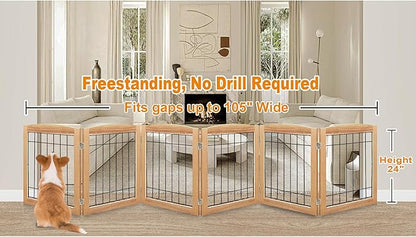 LZRS 6-Panel Extra Wide Wooden Freestanding Dog Gate: Foldable Solid Wood and Steel Wire Chew Resistant Safety Barrier for Doorways, Stairs, and Open Long Spaces Indoor Use, Natural