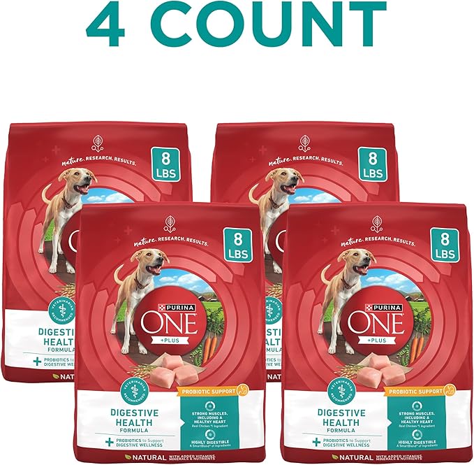 Purina One Plus Digestive Health Formula Dry Dog Food Natural with Added Vitamins, Minerals and Nutrients - (Pack of 4) 8 lb. Bags